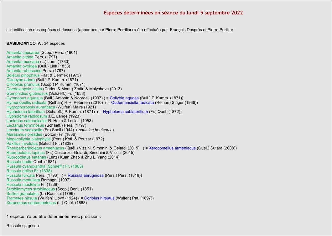 Espèces déterminées en séance du lundi 5 septembre 2022  L’identification des espèces ci-dessous (apportées par Pierre Perrilier) a été effectuée par  François Desprès et Pierre Perillier   BASIDIOMYCOTA : 34 espèces  Amanita caesarea (Scop.) Pers. (1801) Amanita citrina Pers. (1797) Amanita muscaria (L.) Lam. (1783) Amanita ovoidea (Bull.) Link (1833) Amanita rubescens Pers. (1797) Boletus pinophilus Pilát & Dermek (1973) Clitocybe odora (Bull.) P. Kumm. (1871) Clitopilus prunulus (Scop.) P. Kumm. (1871) Daedaleopsis nitida (Durieu & Mont.) Zmitr. & Malysheva (2013) Gomphidius glutinosus (Schaeff.) Fr. (1838) Gymnopus aquosus (Bull.) Antonín & Noordel. (1997) ( = Collybia aquosa (Bull.) P. Kumm. (1871)) Hymenopellis radicata (Relhan) R.H. Petersen (2010)  ( = Oudemansiella radicata (Relhan) Singer (1936)) Hygrophoropsis aurantiaca (Wulfen) Maire (1921) Hypholoma lateritium (Schaeff.) P. Kumm. (1871)  ( = Hypholoma sublateritium (Fr.) Quél. (1872)) Hypholoma radicosum J.E. Lange (1923) Lactarius salmonicolor R. Heim & Leclair (1953) Lactarius torminosus (Schaeff.) Pers. (1797) Leccinum versipelle (Fr.) Snell (1944)  ( sous les bouleaux ) Marasmius oreades (Bolton) Fr. (1836) Megacollybia platyphylla (Pers.) Kotl. & Pouzar (1972) Paxillus involutus (Batsch) Fr. (1838) Rheubarbariboletus armeniacus (Quél.) Vizzini, Simonini & Gelardi (2015)   ( = Xerocomellus armeniacus (Quél.) Šutara (2008)) Rubroboletus lupinus (Fr.) Costanzo, Gelardi, Simonini & Vizzini (2015) Rubroboletus satanas (Lenz) Kuan Zhao & Zhu L. Yang (2014) Russula badia Quél. (1881) Russula cyanoxantha (Schaeff.) Fr. (1863) Russula delica Fr. (1838) Russula furcata Pers. (1796)   ( = Russula aeruginosa (Pers.) Pers. (1818)) Russula medullata Romagn. (1997) Russula mustelina Fr. (1838) Strobilomyces strobilaceus (Scop.) Berk. (1851) Suillus granulatus (L.) Roussel (1796) Trametes hirsuta (Wulfen) Lloyd (1924) ( = Coriolus hirsutus (Wulfen) Pat. (1897)) Xerocomus subtomentosus (L.) Quél. (1888)   1 espèce n’a pu être déterminée avec précision :  Russula sp grisea